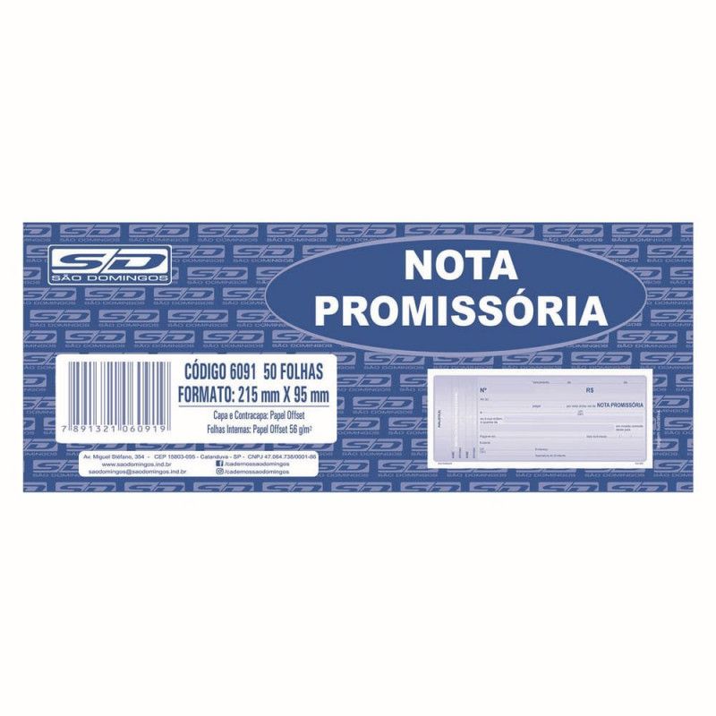 BLOCO NOTA PROMISSORIA 50 FOLHAS SAO DOMINGOS - REF. 6091 - PACOTE COM 20 UNIDADES