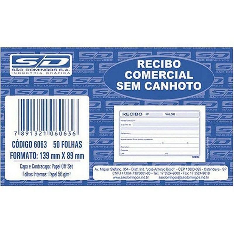 BLOCO RECIBO COMERCIAL SEM CANHOTO 50 FOLHAS SAO DOMINGOS - REF. 6063 - PACOTE COM 20 UNIDADES