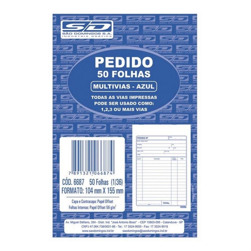 BLOCO PEDIDO 1 VIA 1/36 AZUL 104X143 50 FOLHAS - REF. 6687 - 1 UNIDADE