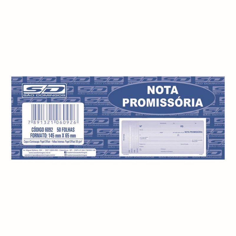BLOCO NOTA PROMISSORIA MINI 50 FOLHAS SAO DOMINGOS - REF. 6092 - PACOTE COM 20 UNIDADES