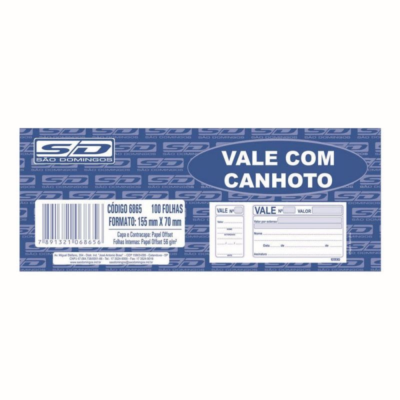 BLOCO VALE COM CANHOTO 100 FOLHAS SAO DOMINGOS - REF. 6865 - 1 UNIDADE