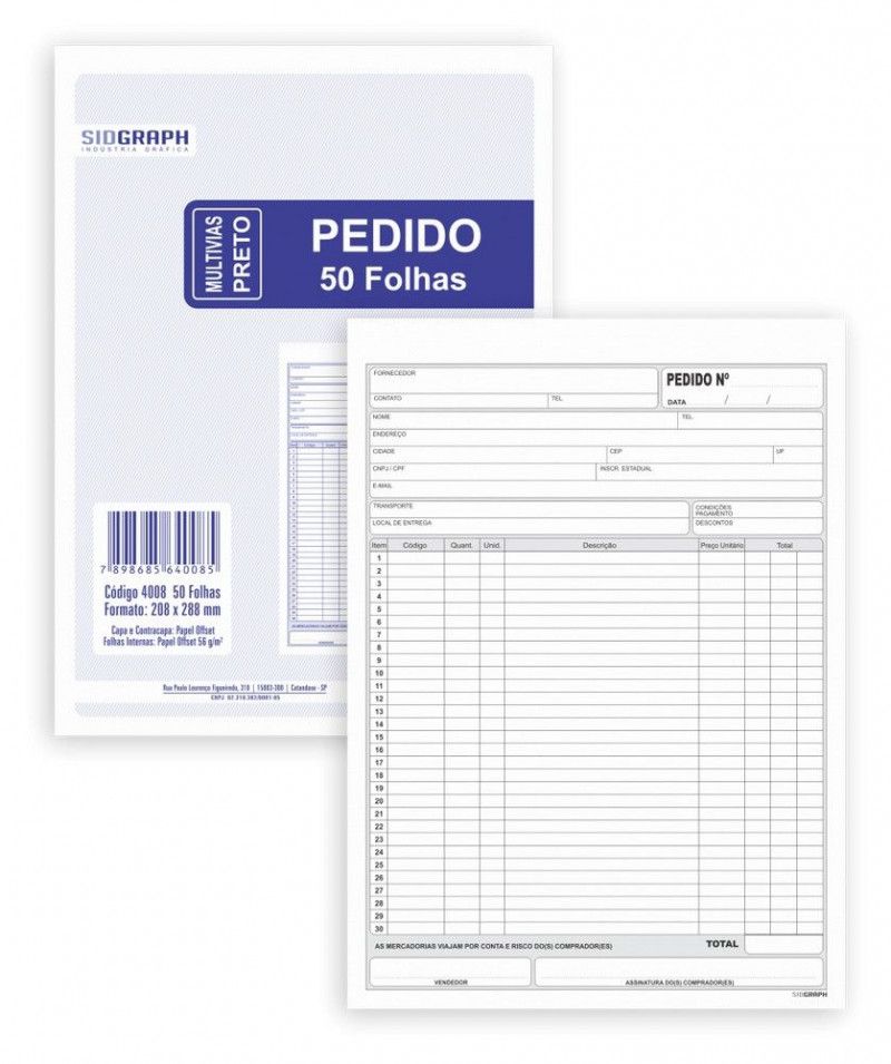 BLOCO PEDIDO 1 VIA 1/ 9 208X288 50 FOLHAS - REF. 4008 - PACOTE COM 10 UNIDADES