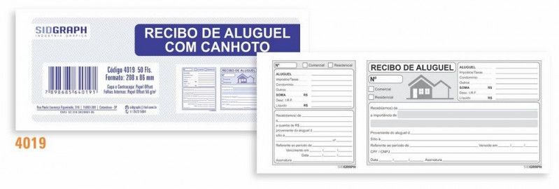BLOCO RECIBO DE ALUGUEL COM CANHOTO 50 FOLHAS SIDGRAPH - REF. 4019 - 1 UNIDADE