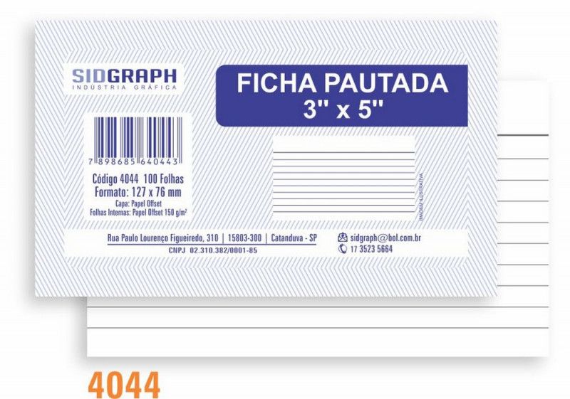 FICHA PAUTADA 3X5 COM 100 FOLHAS SIDGRAPH - REF. 4044 - 1 UNIDADE