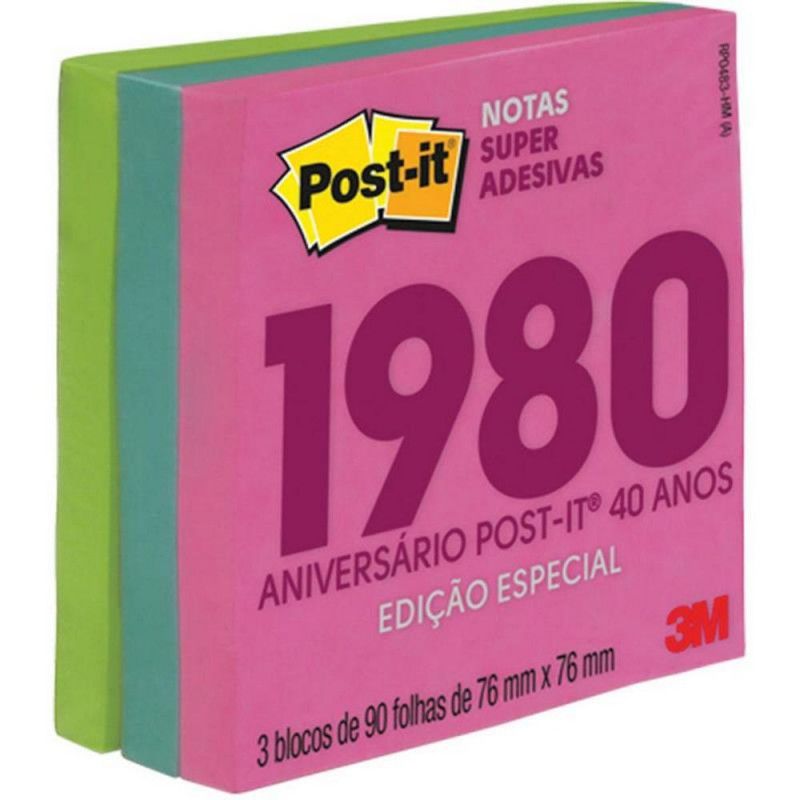 BLOCO ADESIVO ANOTACAO 76X76MM 3 BLOCOS COM 90 FOLHAS ANOS 1980 - 1 UNIDADE