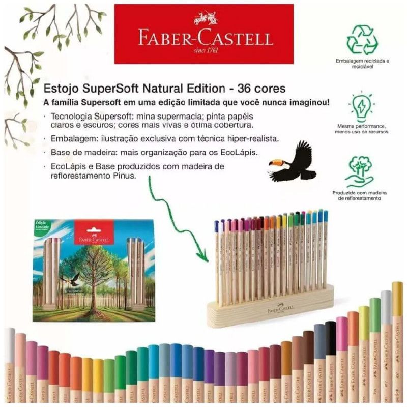 LAPIS DE COR ECOLÁPIS SUPERSOFT NATURAL EDITION 36 CORES + ESTOJO DE MADEIRA EDIÇÃO LIMITADA FABER-CASTELL - REF. 120736SOFT - 1 UNIDADE